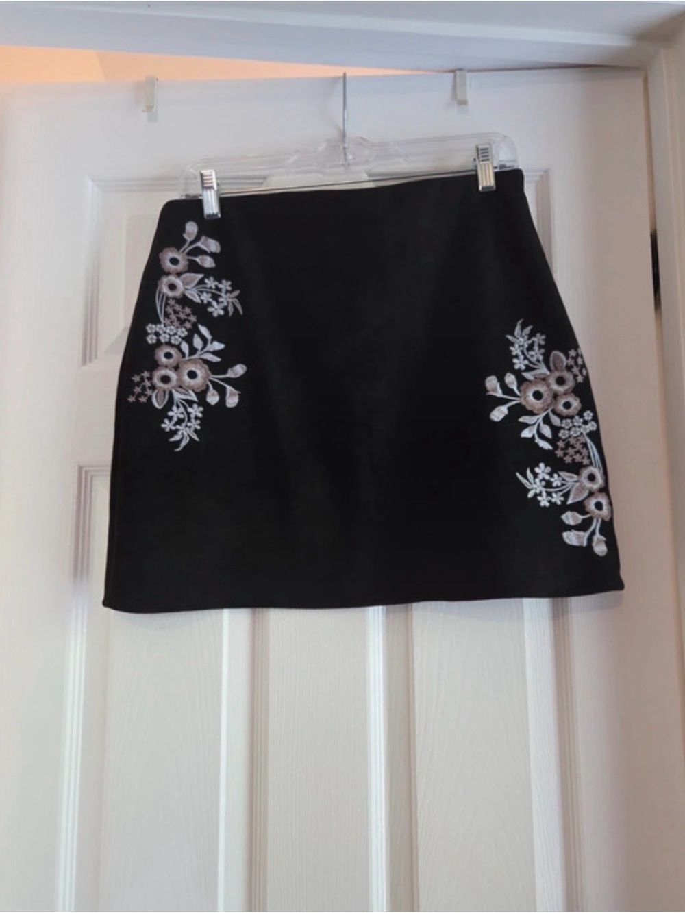 Black Mini Skirt with White Floral Embroidery